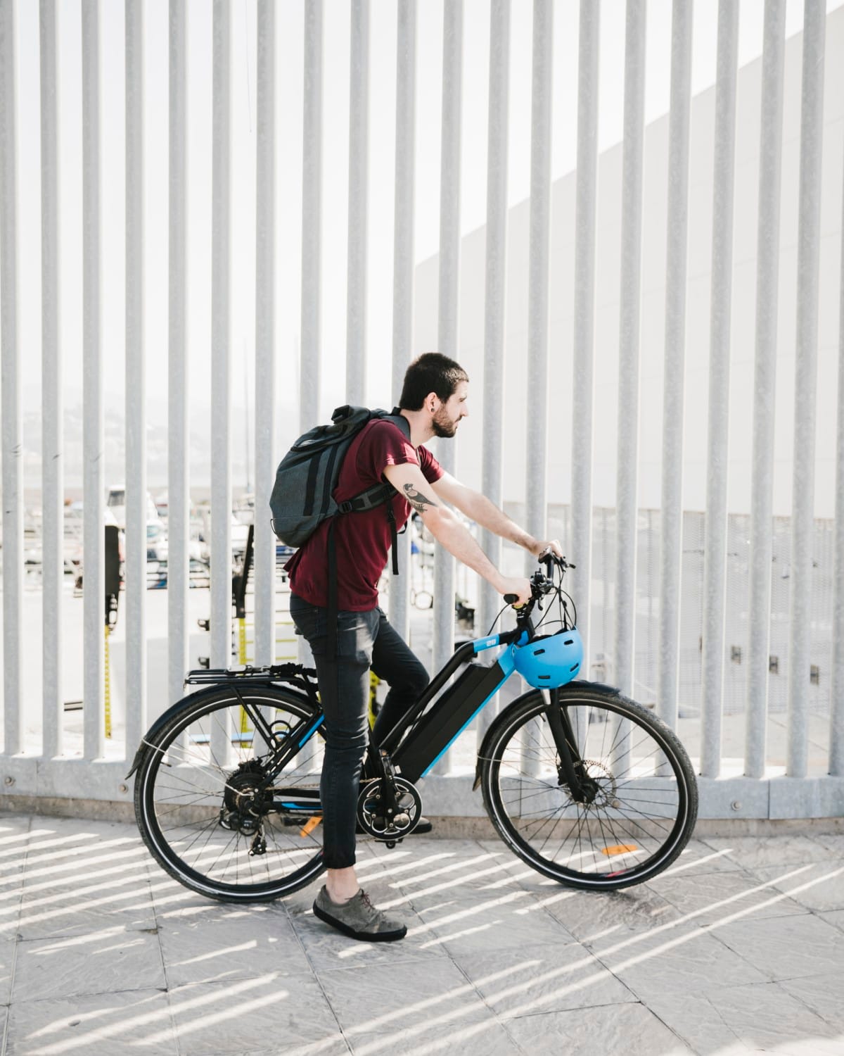 cyclist taking break e-bike